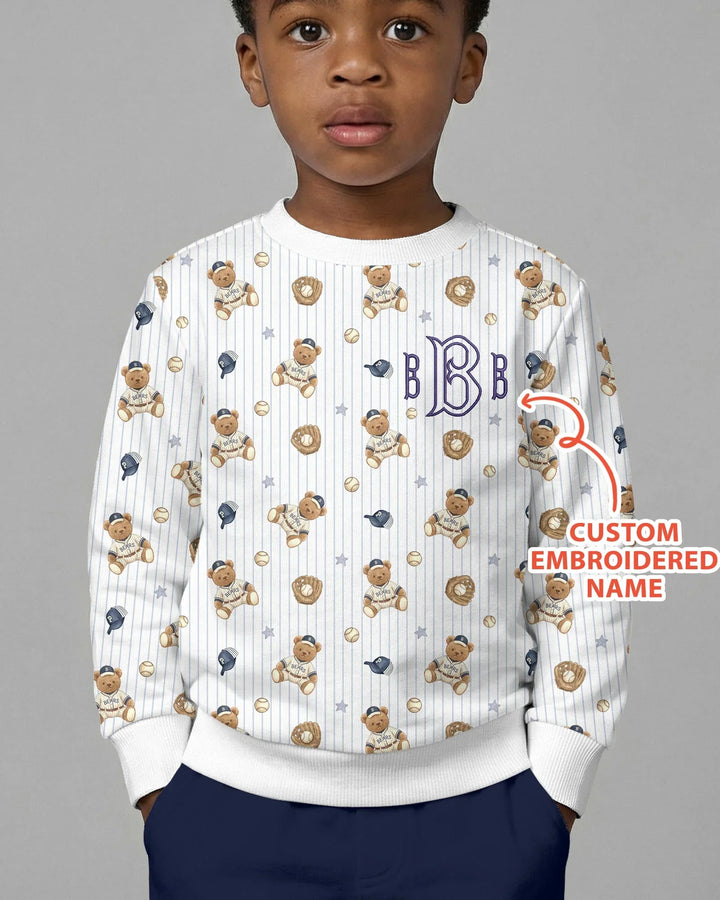 Personalized Embroidered Teddy Bear Baseball Baby Bamboo Crewneck Sweatshirt