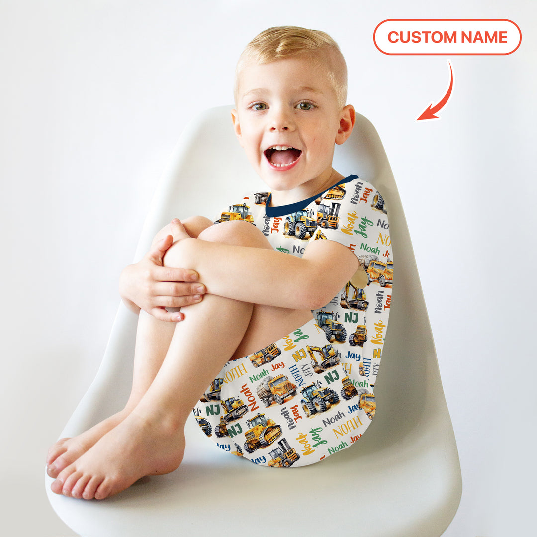 Custom Name Construction Trucks Two Piece Short Sleeve Shorts Pajama Set