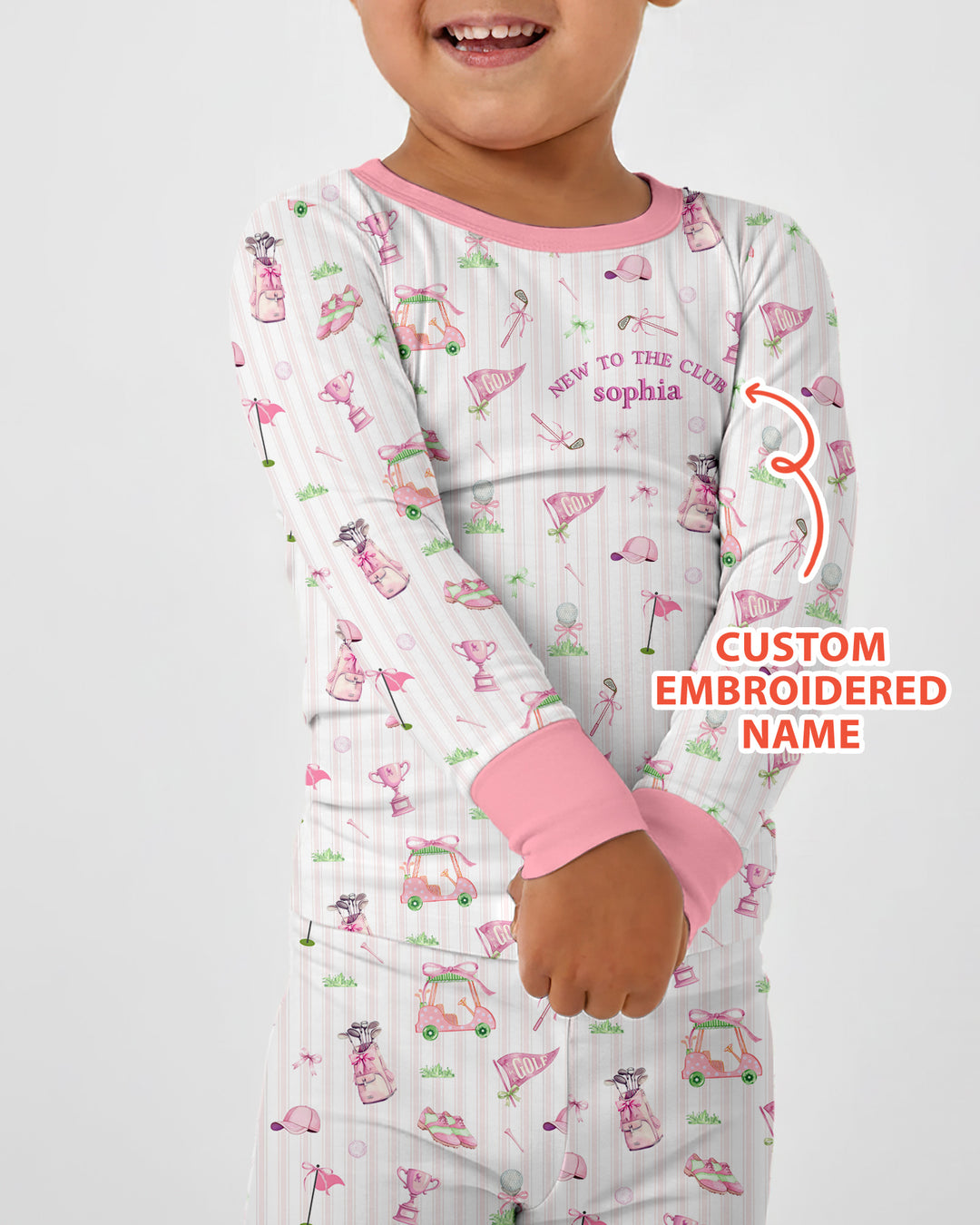 Personalized Embroidered Golf Baby Girl Bamboo Two Piece Long Sleeve Pajama Set