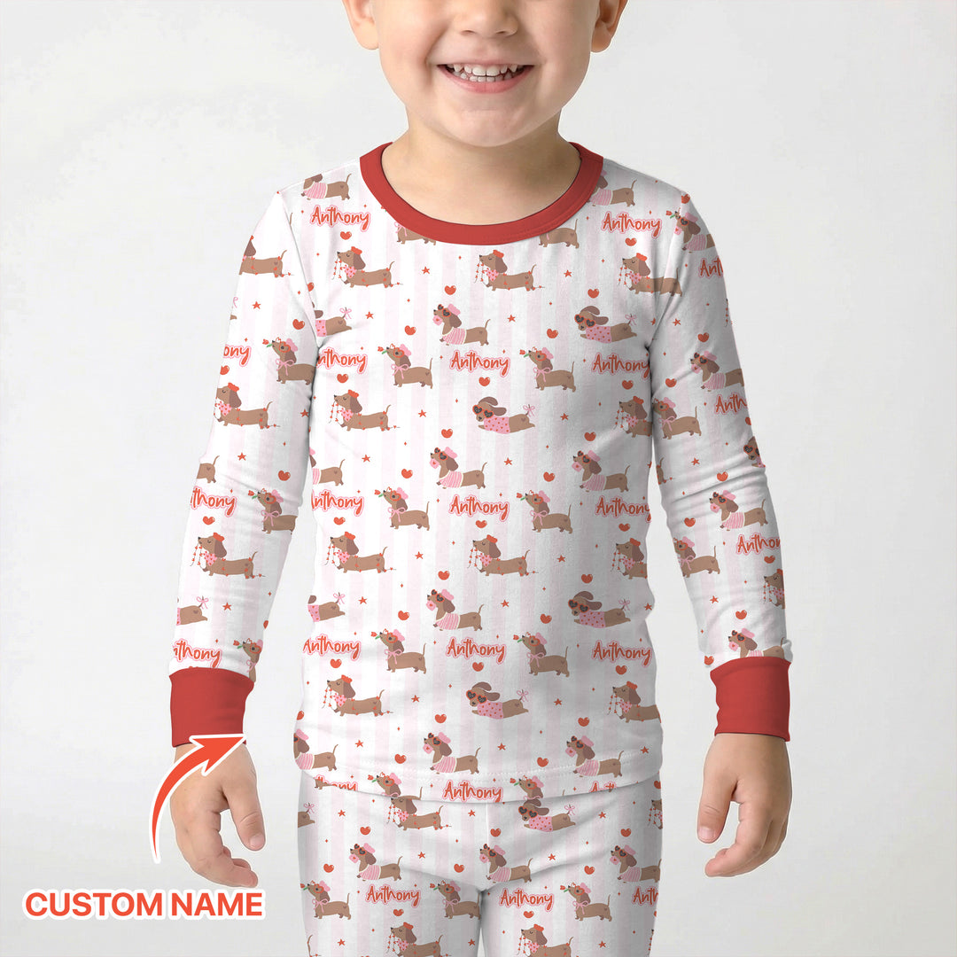 Custom Name Valentine Dachshund Family Matching Two Piece Long Sleeve Pajama Set
