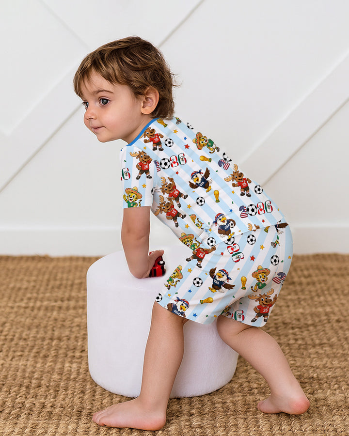 Striped Cute Mascots Soccer Cup 2026 Bamboo Two Piece Short Sleeve Shorts Pajama Set