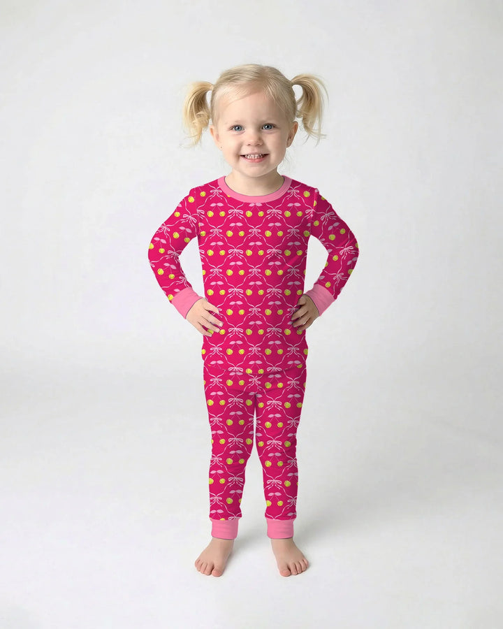 Cherry Baseball Softball Mom and Girl Matching Bamboo Two Piece Long Sleeve Pajama Set
