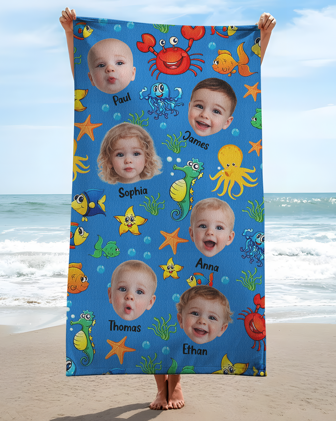 Custom Photo Cute Kid Face Watercolor Sea Creatures Summery Bamboo Beach Towel