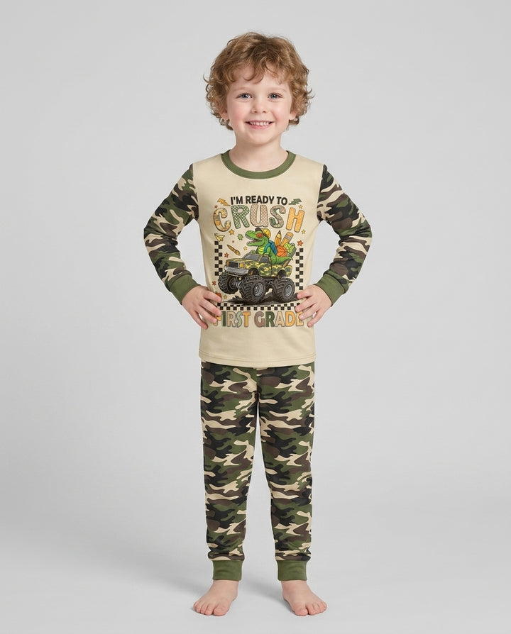 Back To School Monster Truck Dino Bamboo Two Piece Long Sleeve Pajama Set