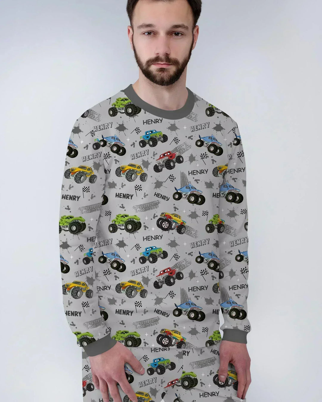 Monster Truck Dirt Jam Custom Name Daddy & Me Matching Bamboo Men's Pajama Set