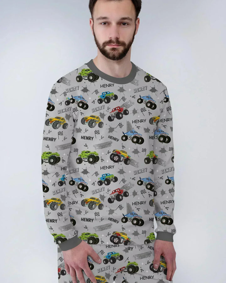 Monster Truck Dirt Jam Custom Name Daddy & Me Matching Bamboo Men's Pajama Set
