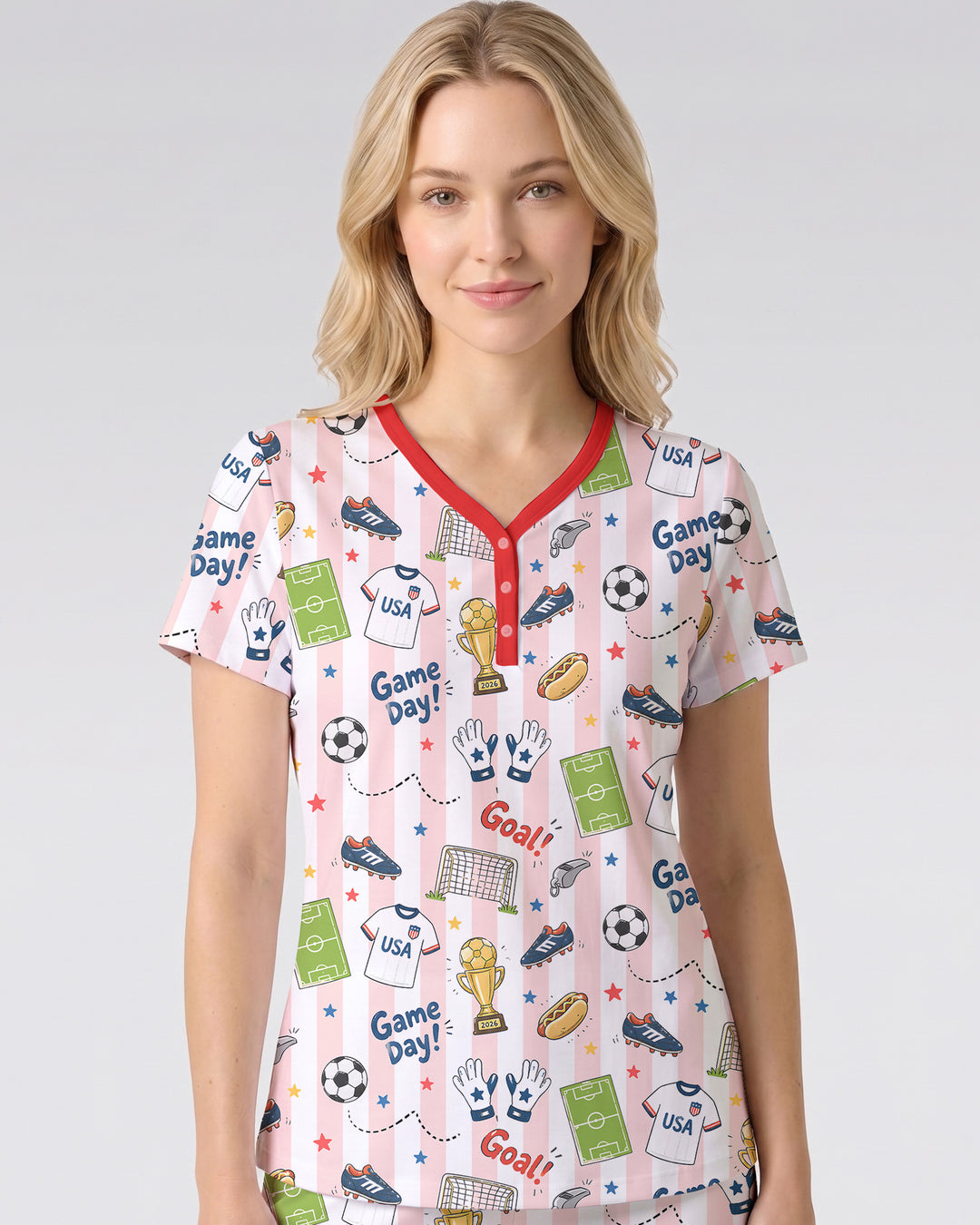 Striped Soccer Game Day Family Matching Bamboo Women Short Sleeve Short Pajama Set