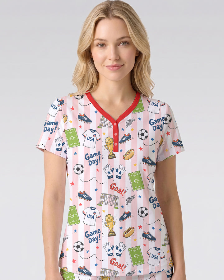 Striped Soccer Game Day Family Matching Bamboo Women Short Sleeve Short Pajama Set
