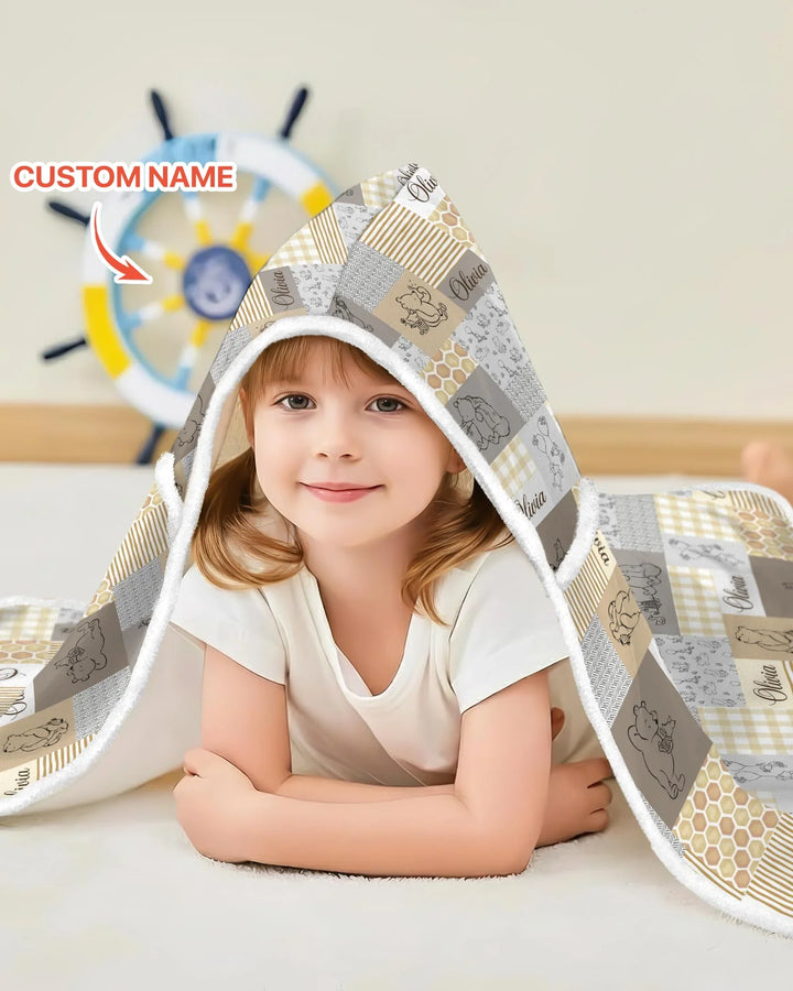 Personalized Classic Bear Patchwork  Bamboo Wearable Hooded Blanket