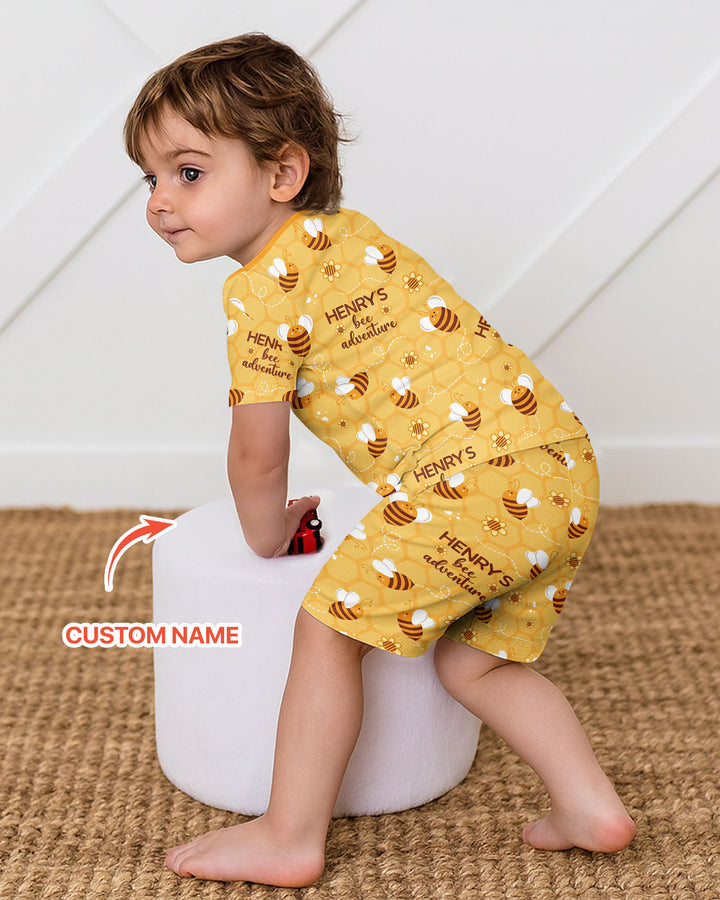 Custom Name Bee Back To School Bamboo Two Piece Short Sleeve Shorts Pajama Set