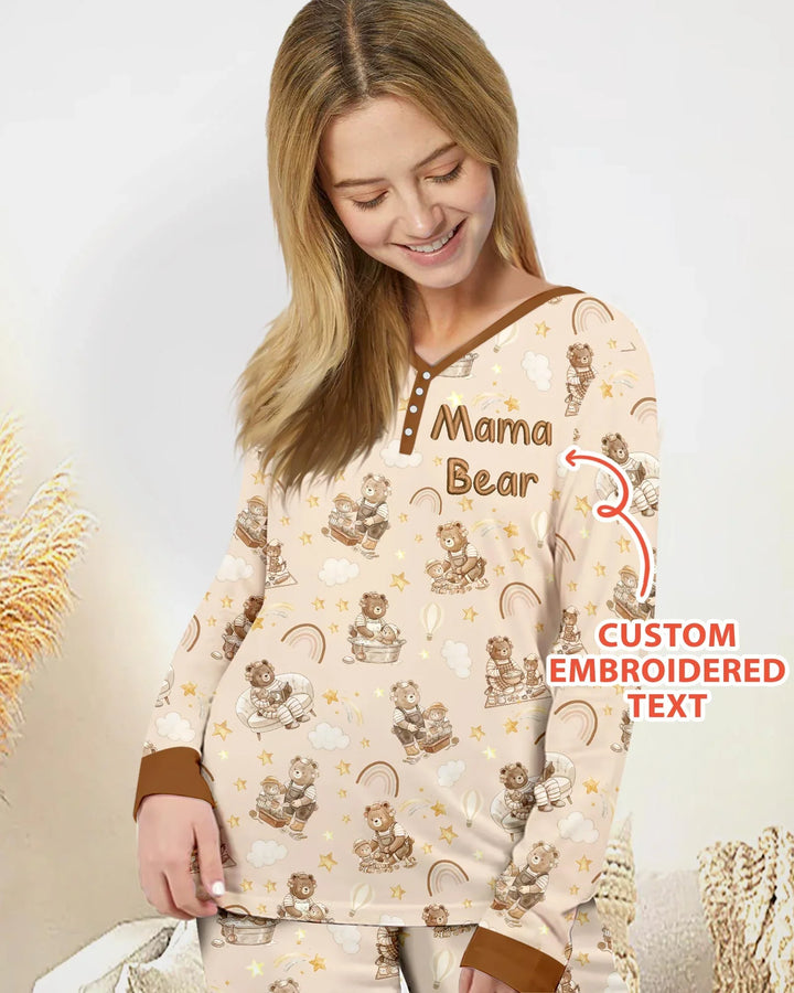 Besticktes Mama Bär und Baby Bär Pyjama-Set aus Bambus für Damen