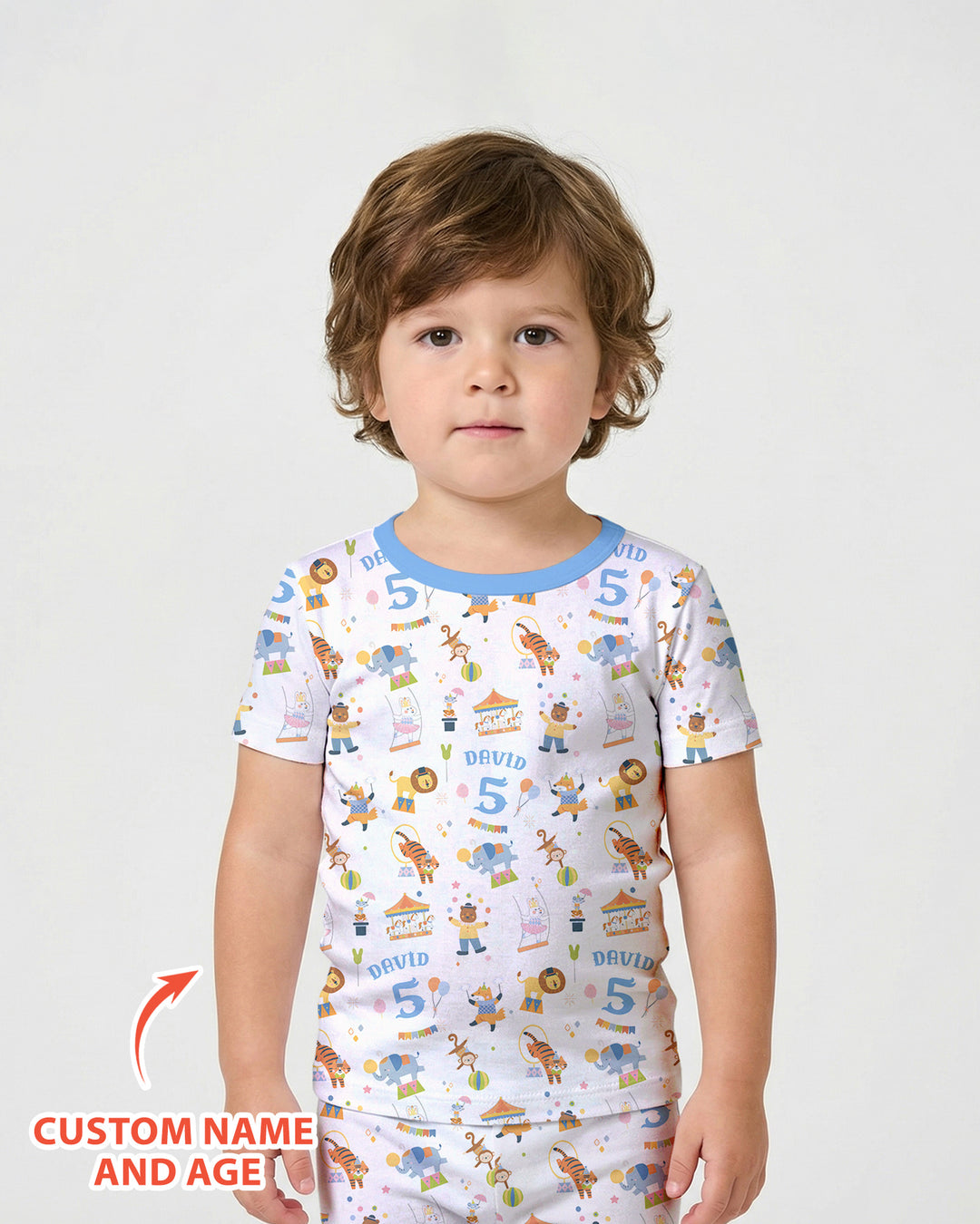 Custom Name Birthday Circus Bamboo Two Piece Short Sleeve Shorts Pajama Set
