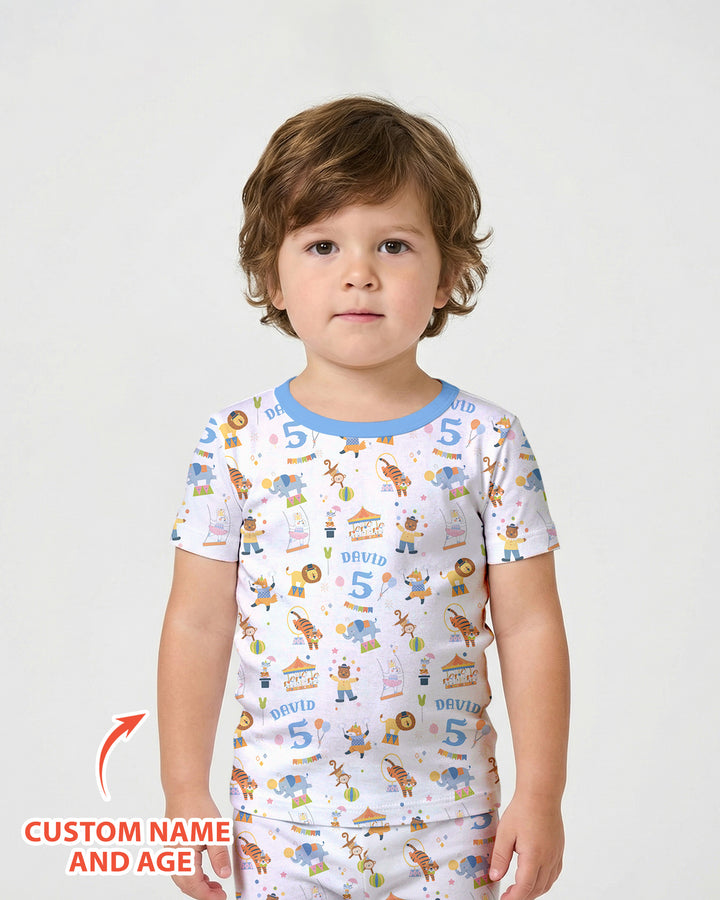 Custom Name Birthday Circus Bamboo Two Piece Short Sleeve Shorts Pajama Set