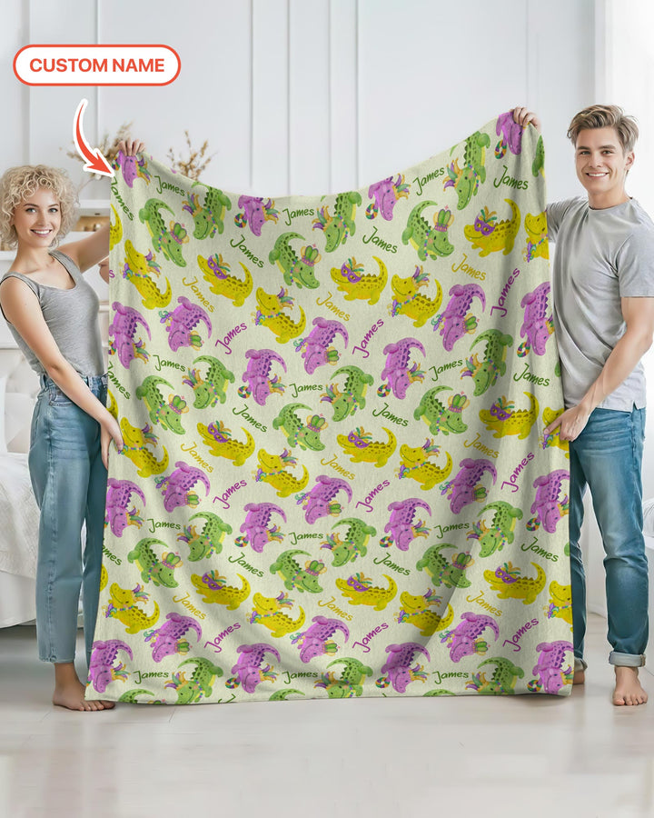 Custom Name Mardi Gras Alligator Blanket