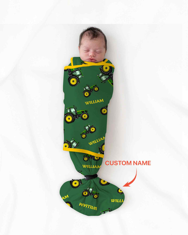 Custom Name Green Tractors Matching Daddy & Me Swaddle Blanket
