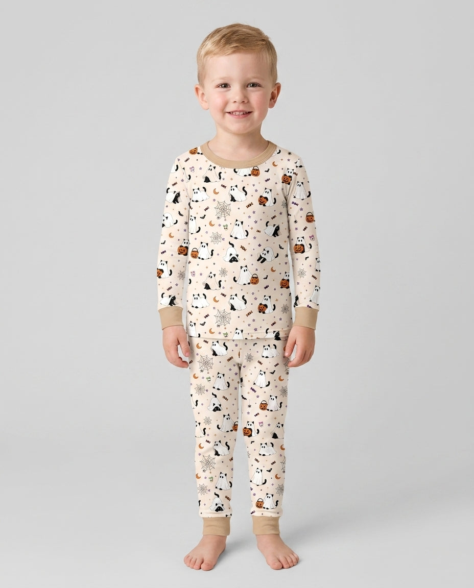 Ghost Cat Vintage Halloween Bamboo Two Piece Long Sleeve Pajama Set