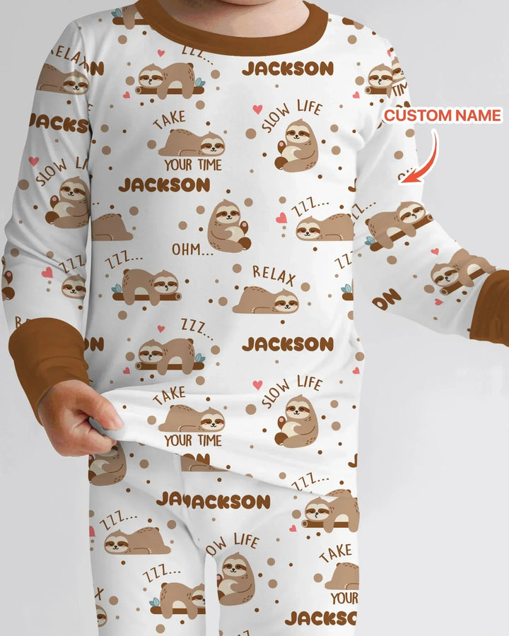 Custom Name Cute Sloth Two Piece Long Sleeve Pajama Set