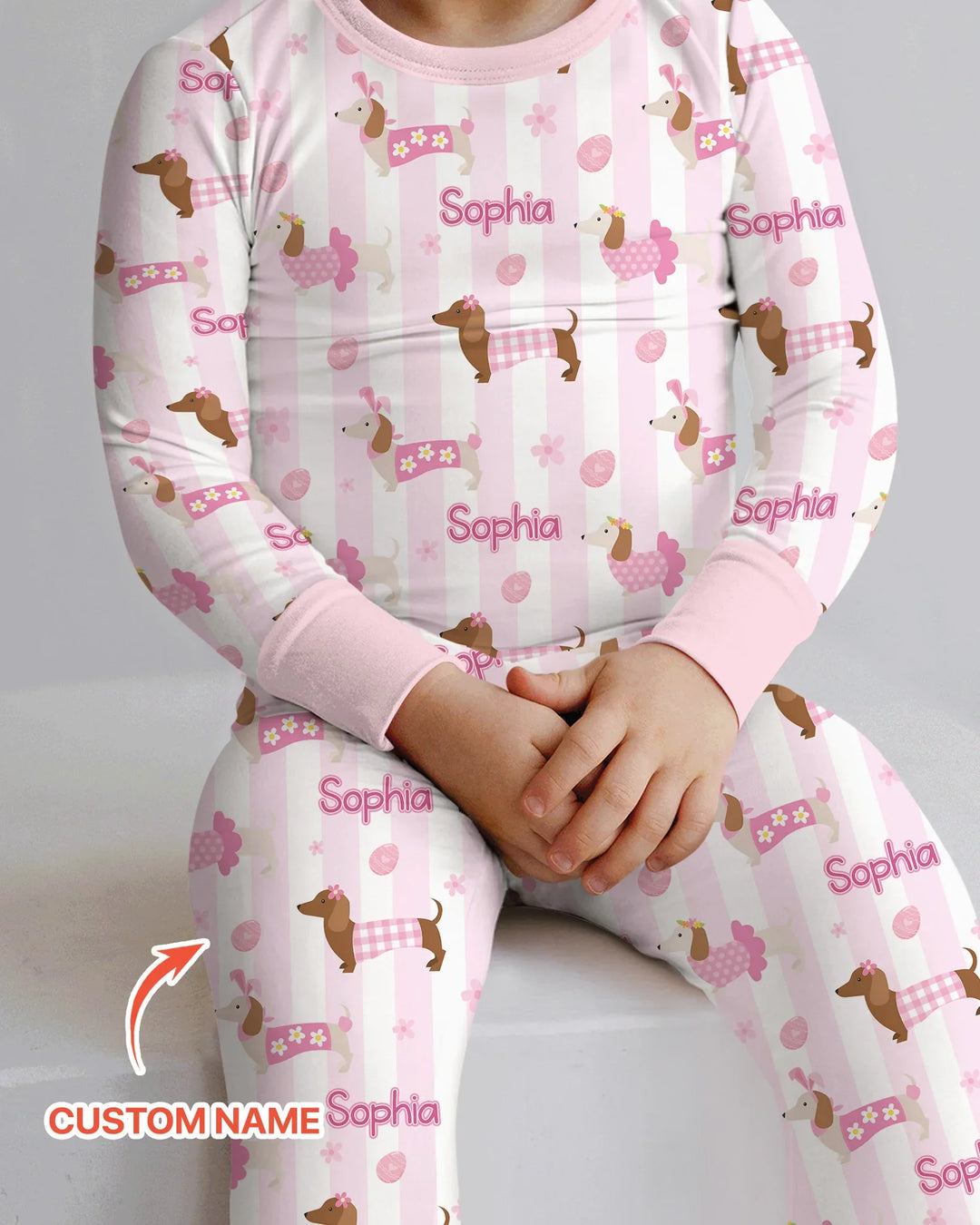 Custom Name Easter Dachshunds Family Matching Two Piece Long Sleeve Pajama Set
