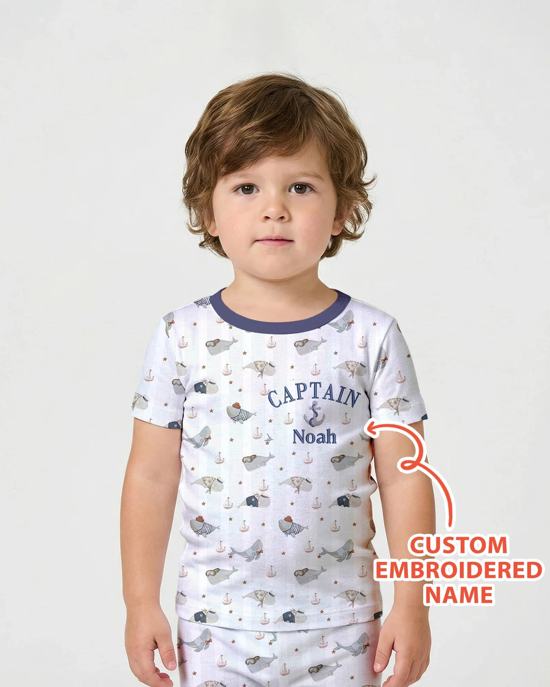 Custom Embroidered Name Little Captain of the Whale Crew Bamboo Two Piece Short Sleeve Shorts Pajama Set