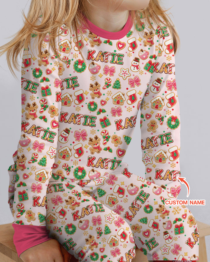 Pink GingerBread Custom Name Bamboo Two Piece Long Sleeve Pajama Set