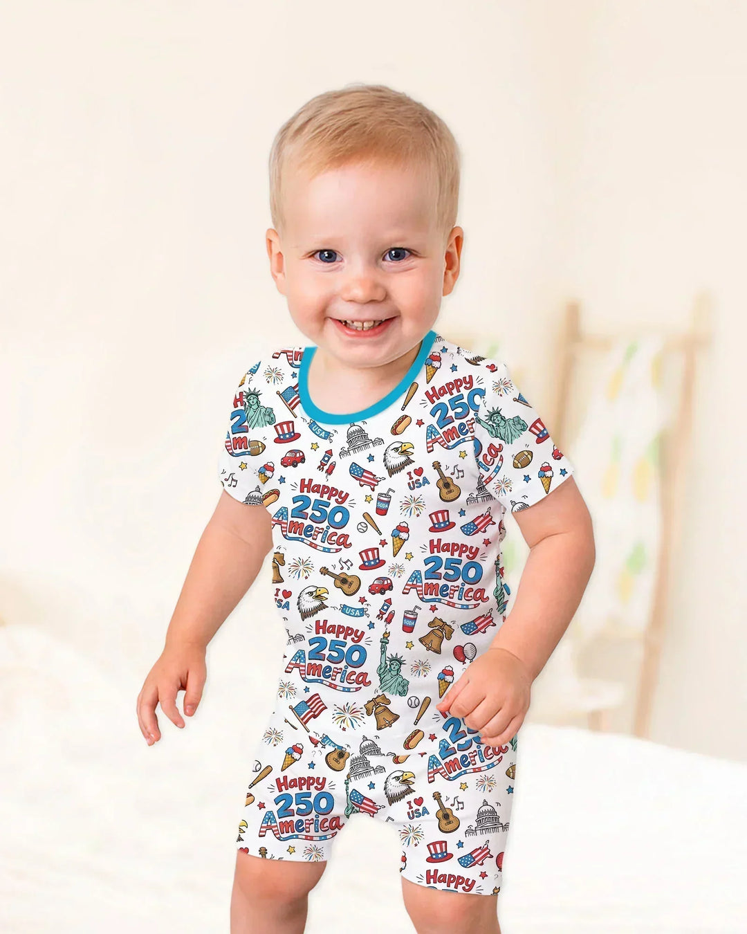 Happy 250 America I love USA Bamboo Two Piece Short Sleeve Shorts Pajama Set