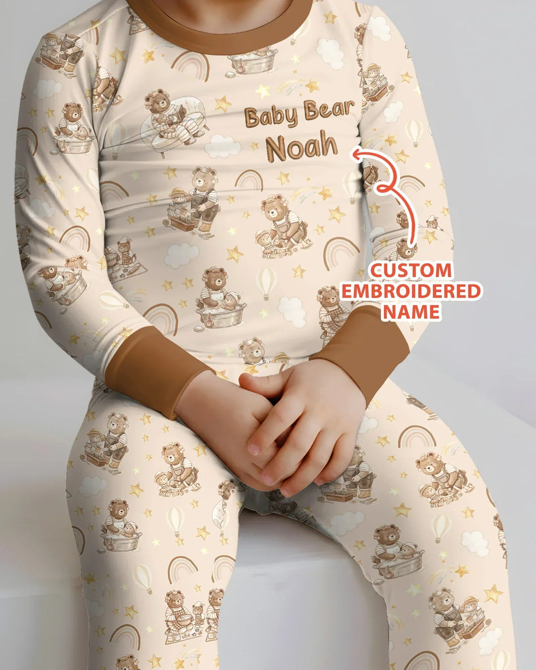 Custom Embroidered Name Mama Bear and Baby Bear Bamboo Two Piece Long Sleeve Pajama Set