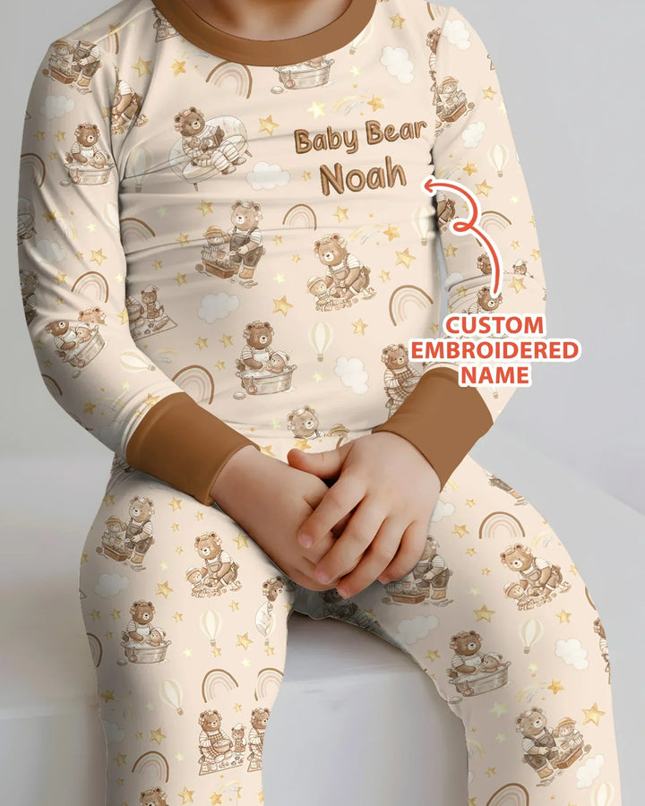 Custom Embroidered Name Mama Bear and Baby Bear Bamboo Two Piece Long Sleeve Pajama Set