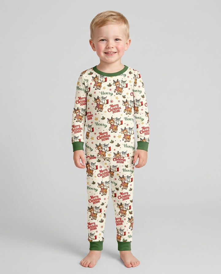Custom Name Reindeer Santa Boop Bamboo Two Piece Long Sleeve Pajama Set