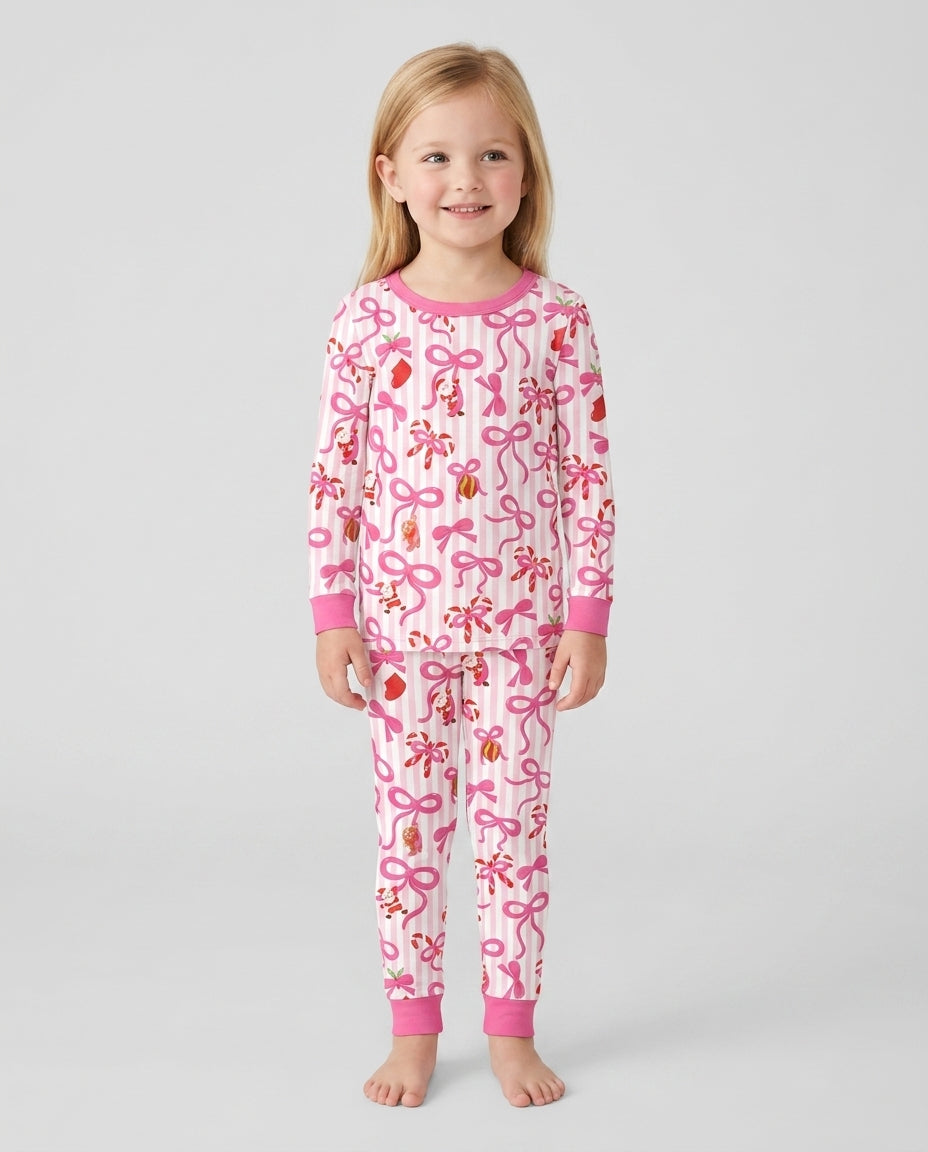 Pink Bow Christmas Magic Bamboo Two Piece Long Sleeve Pajama Set