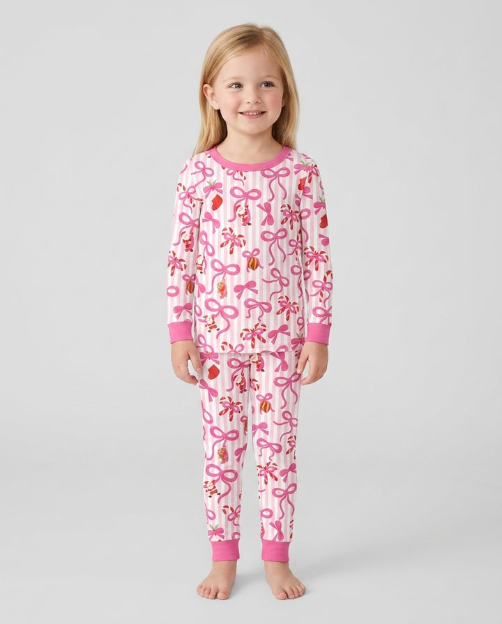 Pink Bow Christmas Magic Bamboo Two Piece Long Sleeve Pajama Set