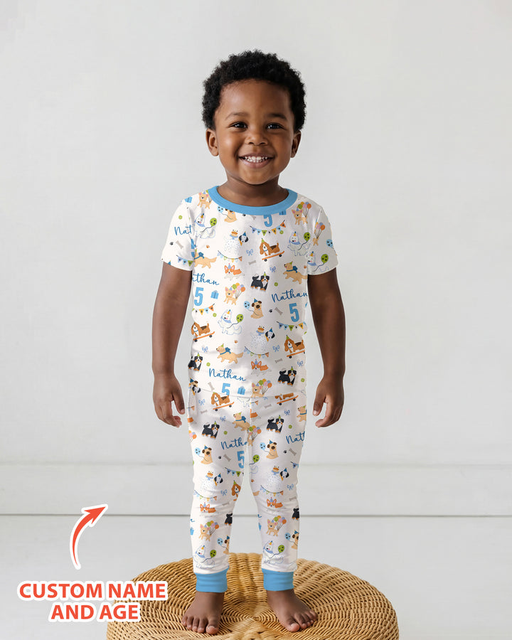 Custom Name Birthday Dogs Party Bamboo Two Piece Short Sleeve Pajama Set