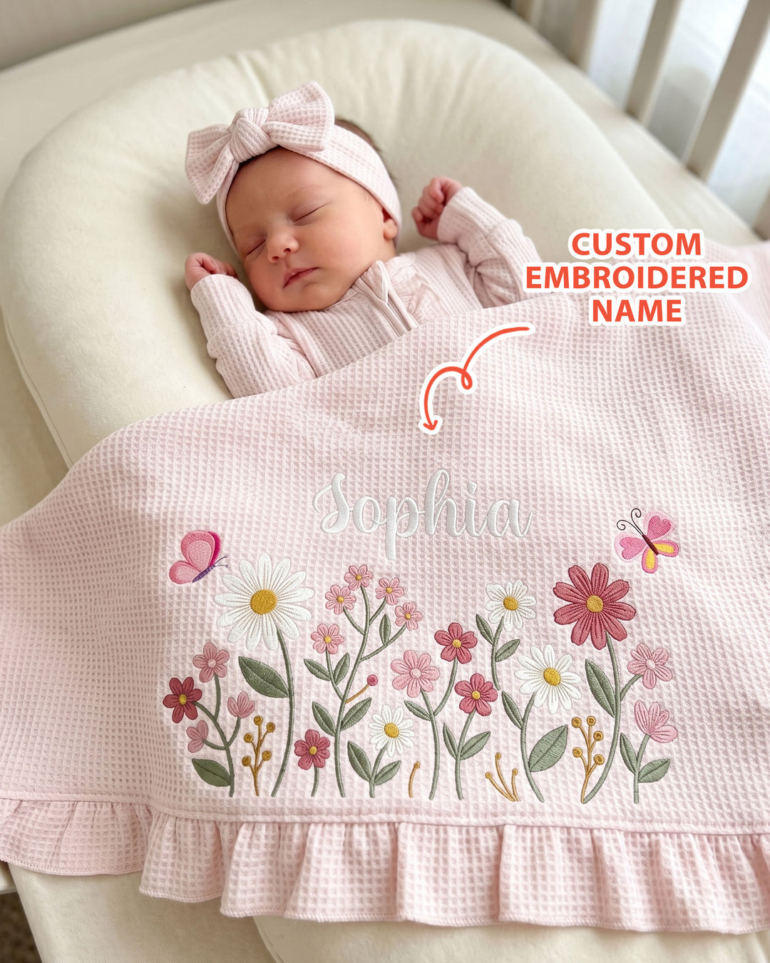 Custom Name With Flower Embroidered Waffle Ruffle Bamboo Blanket