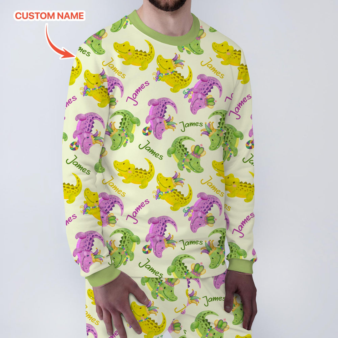 Custom Name Mardi Gras Alligator Men's Pajama Set