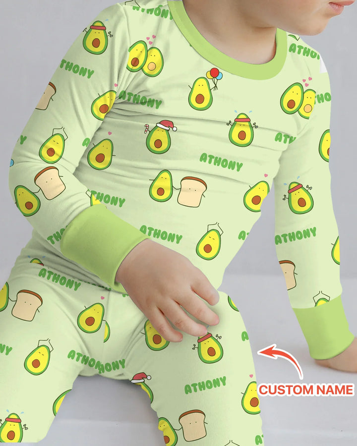Custom Name Cute Avocado Two Piece Long Sleeve Pajama Set