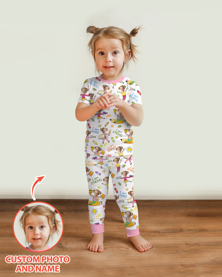 Custom Photo Kid Affirmations I Am Kind Bamboo Two Piece Short Sleeve Pajama Set