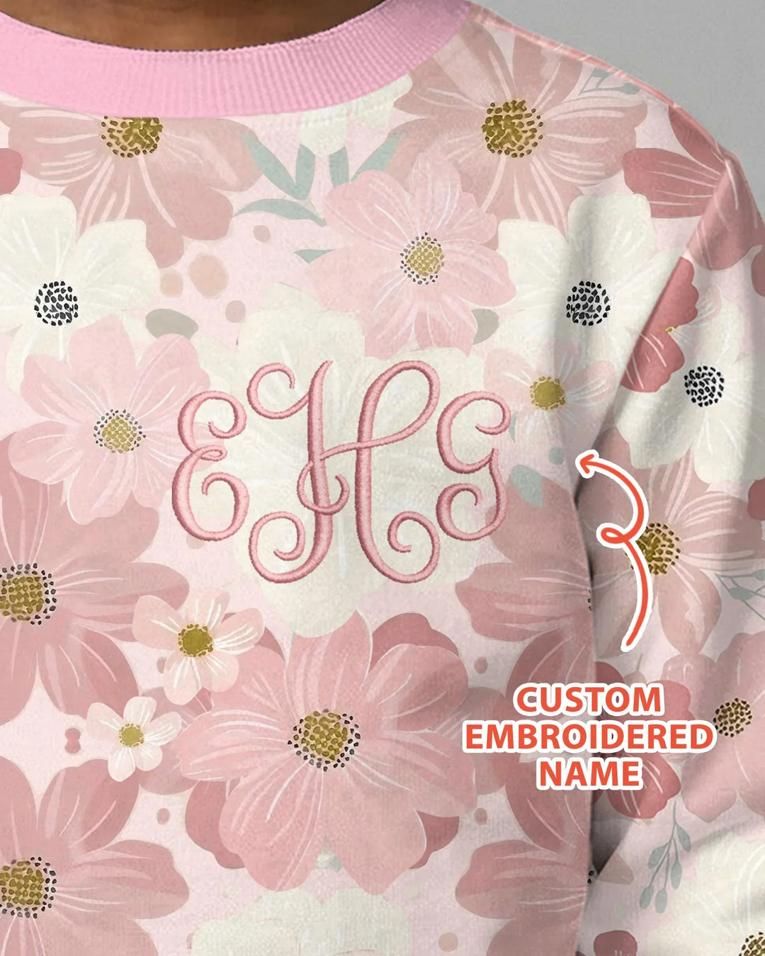 Sudadera de cuello redondo de bambú con nombre bordado personalizado y diseño floral