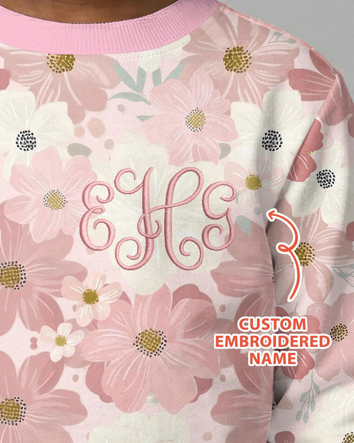 Sudadera de cuello redondo de bambú con nombre bordado personalizado y diseño floral