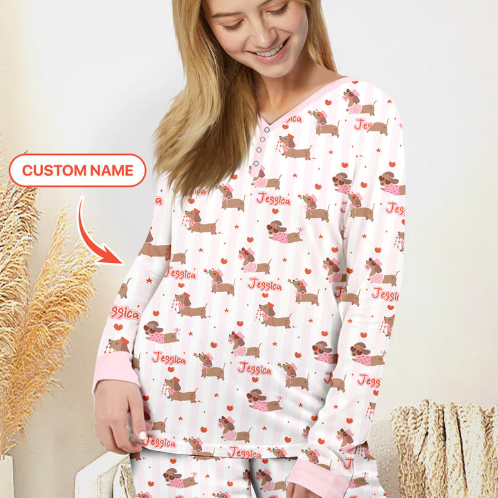 Custom Name Valentine Dachshund Family Matching Women Pajama Set For Christmas