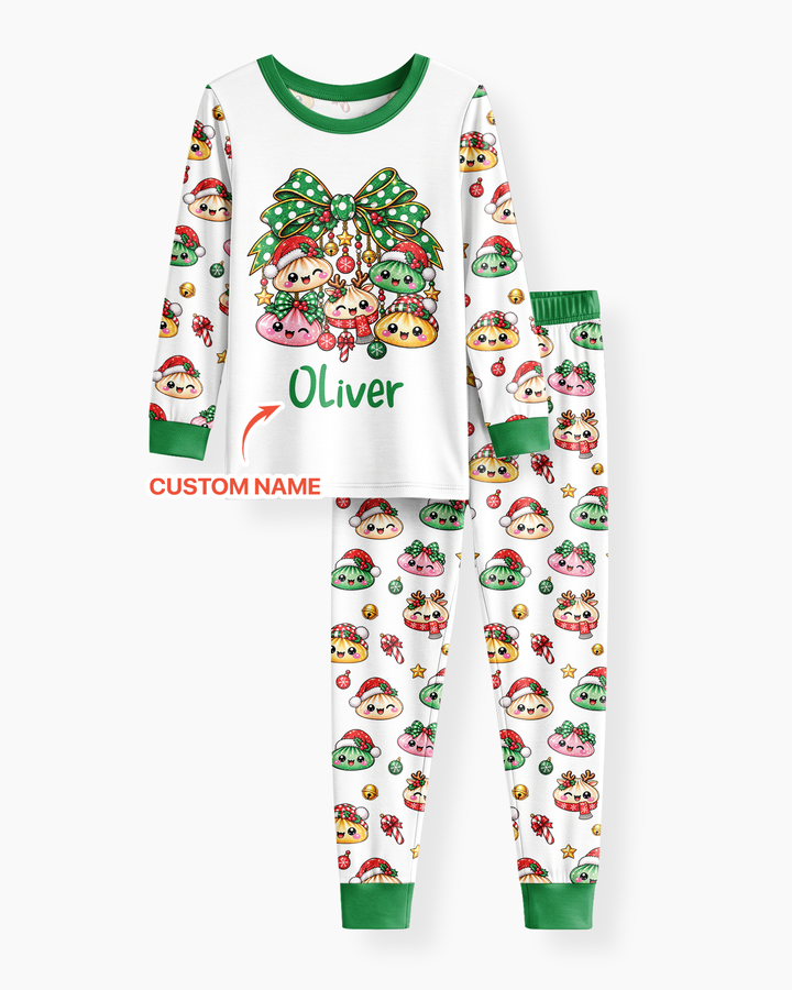 Custom Name Christmas Dumpling The Bow Bamboo Two Piece Long Sleeve Pajama Set