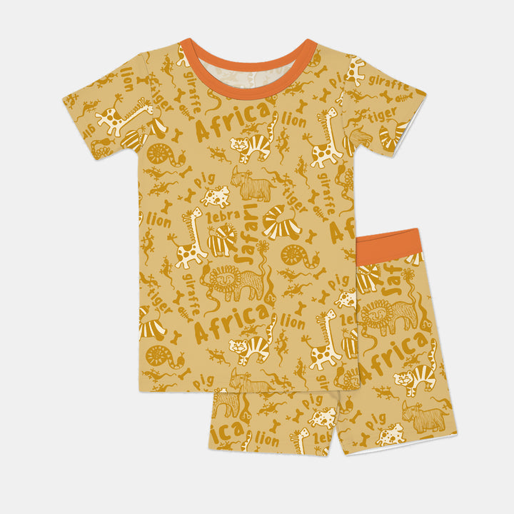 Handdrawn African Animals Two Piece Short Sleeve Shorts Pajama Set