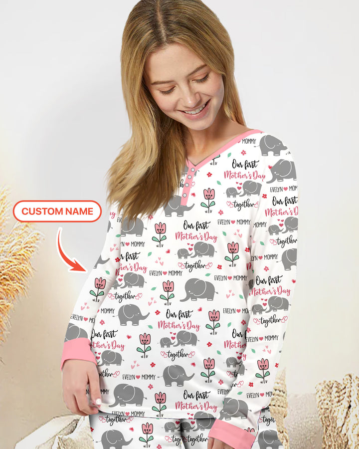 Custom Name Elephant Our First Mother's Day Women Pajama Set