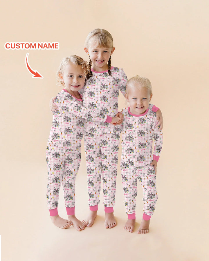 Custom Name Easter Family Matching Two Piece Long Sleeve Pajama Set