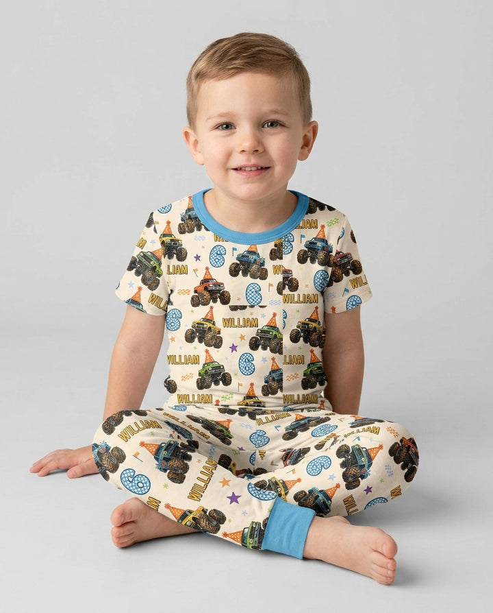 Custom Name Birthday Boy Monster Truck Bamboo Two Piece Short Sleeve Pajama Set