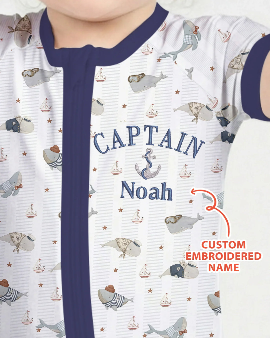 Custom Embroidered Name Little Captain of the Whale Crew Bamboo Shorty Zippy