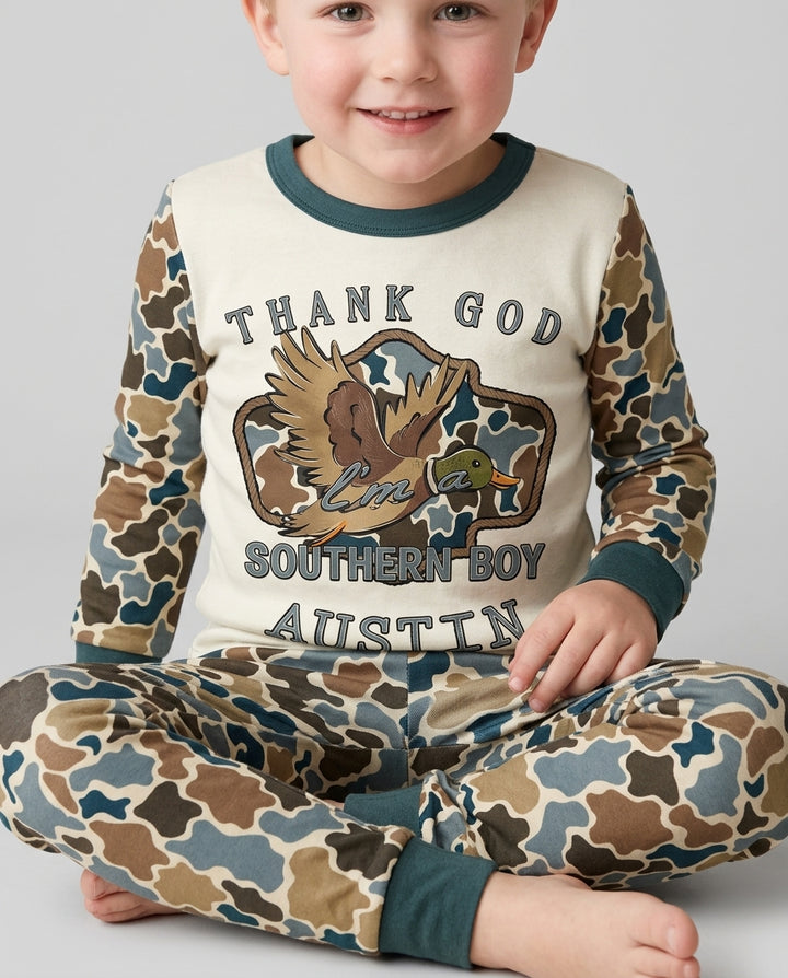 Custom Name Southern Duck Camo Bamboo Two Piece Long Sleeve Pajama Set