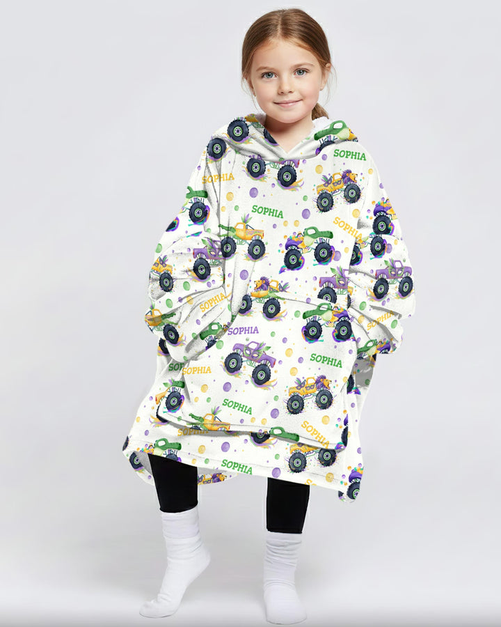 Custom Name Mardi Gras Monster Trucks Blanket Hoodie