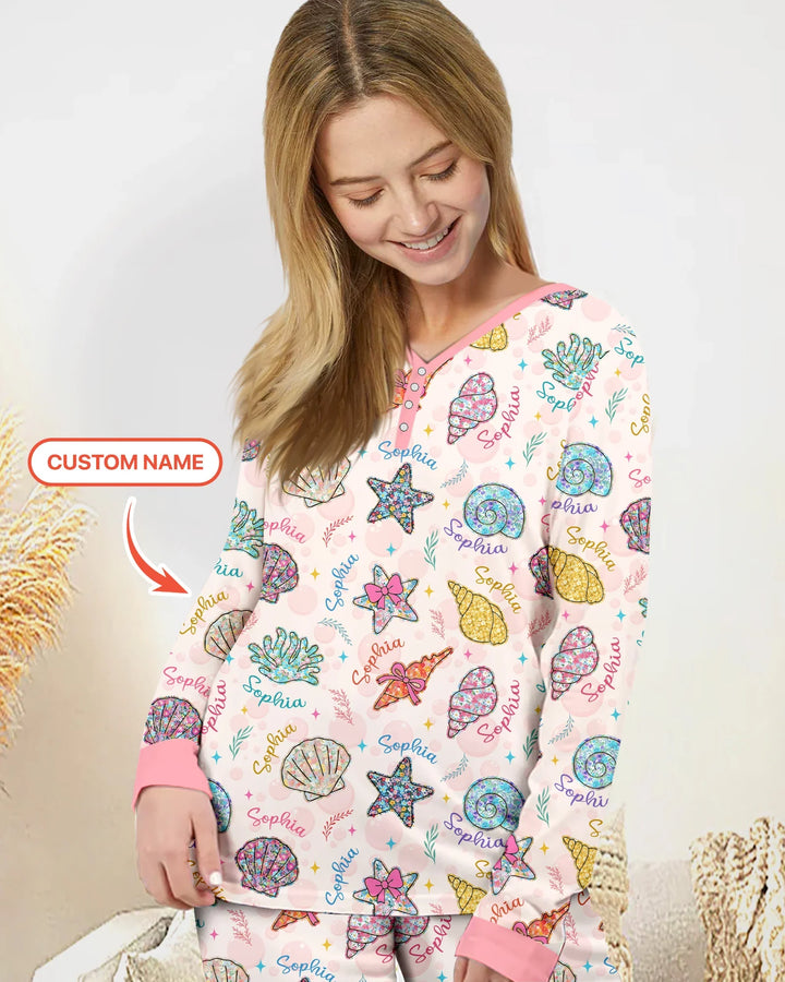 Conjunto de pijama de verano de bambú para mujer con nombre personalizado, diseño de flores silvestres y paisajes marinos