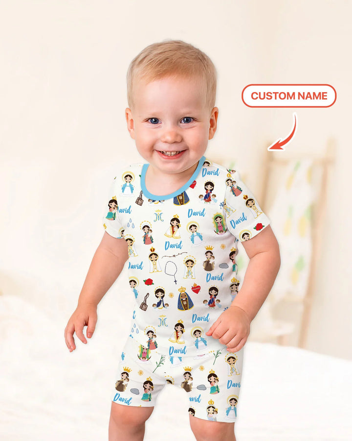 Pijama de dos piezas de bambú de manga corta y pantalón corto con nombre personalizado de la Virgen María