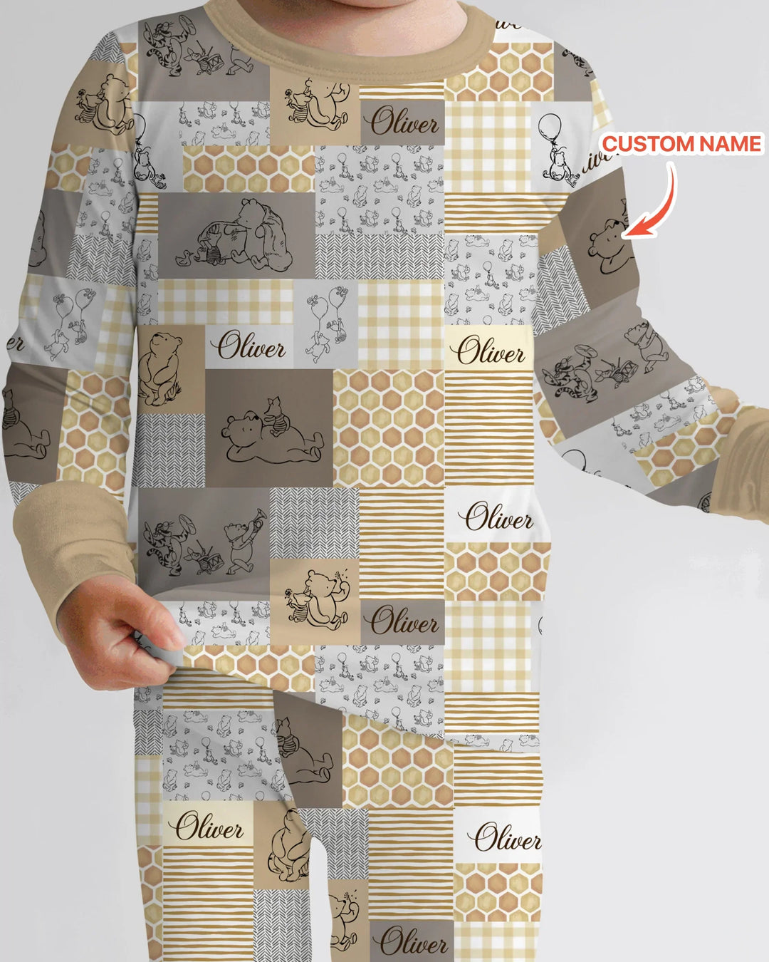 Personalized Classic Bear Patchwork  Bamboo Two Piece Long Sleeve Pajama Set