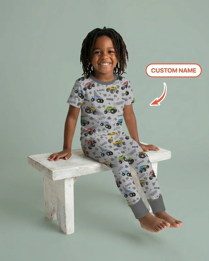 Monster Truck Dirt Jam Custom Name Daddy & Me Matching Two Piece Short Sleeve Pajama Set
